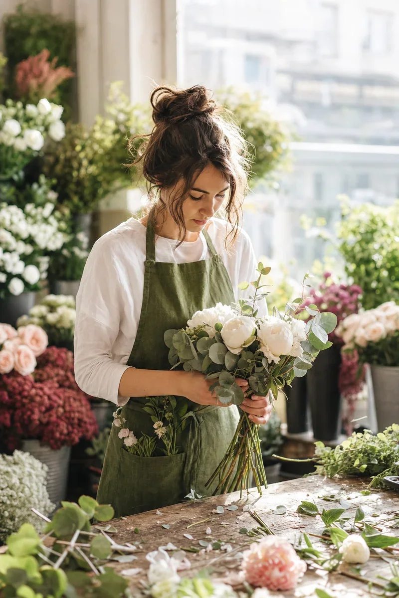 AI-generated natural-light portrait of a florist made with Masonry