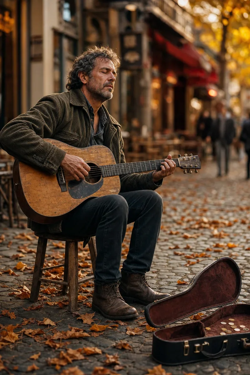 AI-generated editorial portrait of a street musician made with Masonry