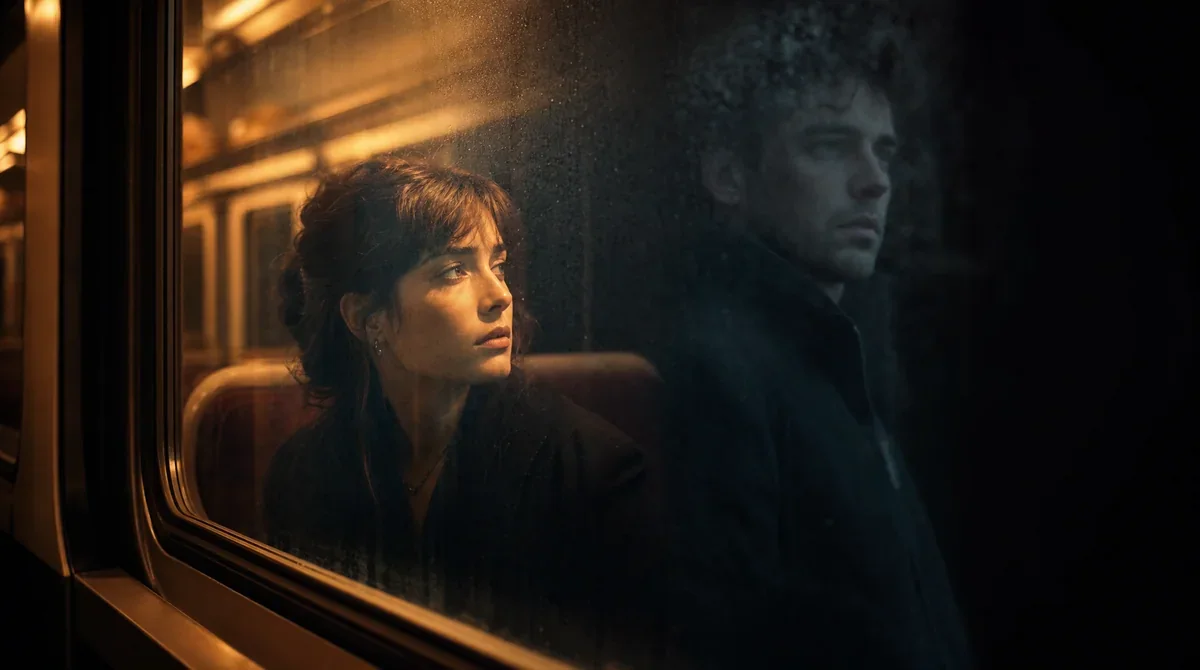 AI-generated cinematic train-window portrait made with Masonry