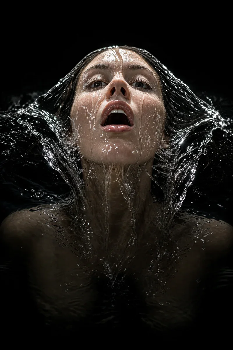AI-generated cinematic portrait of a woman emerging through black water made with Masonry