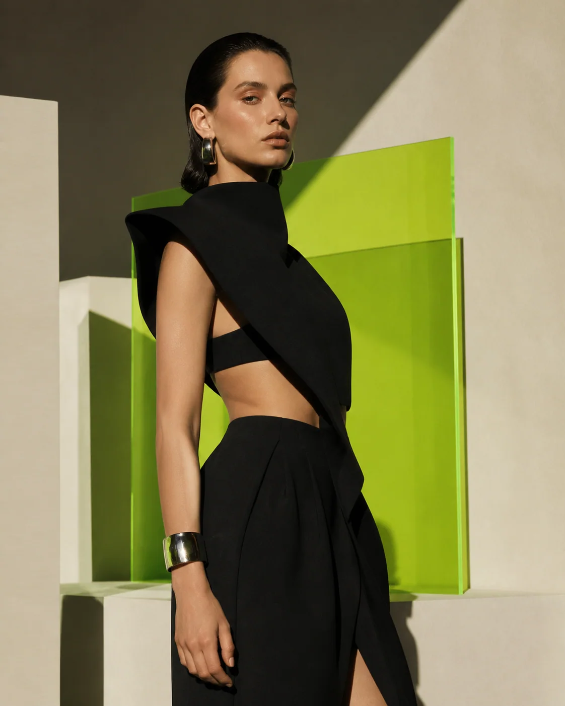 AI-generated fashion editorial portrait in a black sculptural outfit against an acid-green set