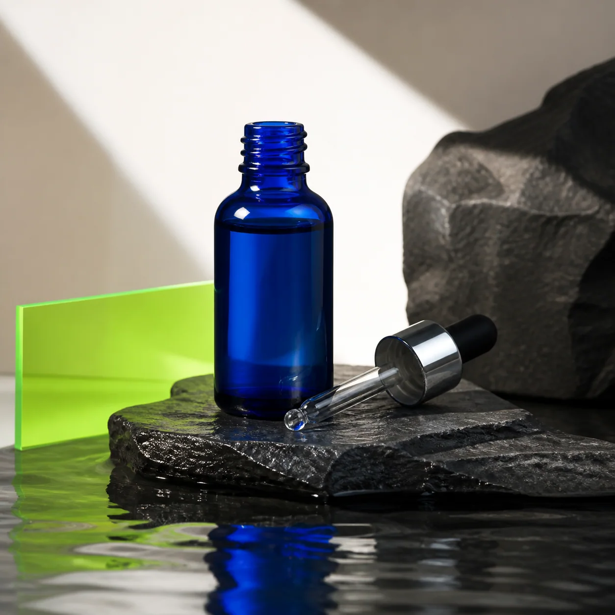 AI-generated cobalt skincare bottle photographed on black stone with acid-green acrylic