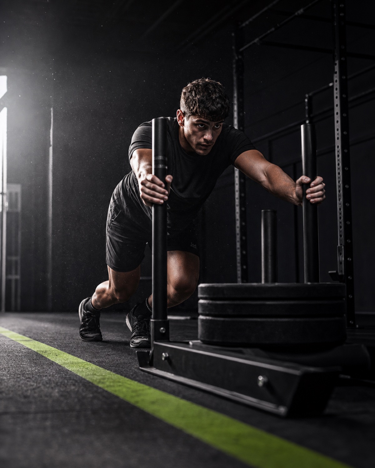 Speculative Gymshark-inspired AI activewear campaign concept with an adult athlete pushing a sled in a dark industrial gym