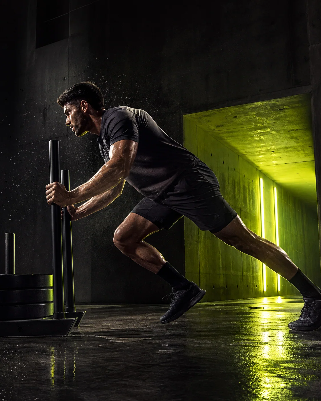Speculative Gymshark-inspired AI campaign with an adult athlete driving a weighted sled through a dark training studio