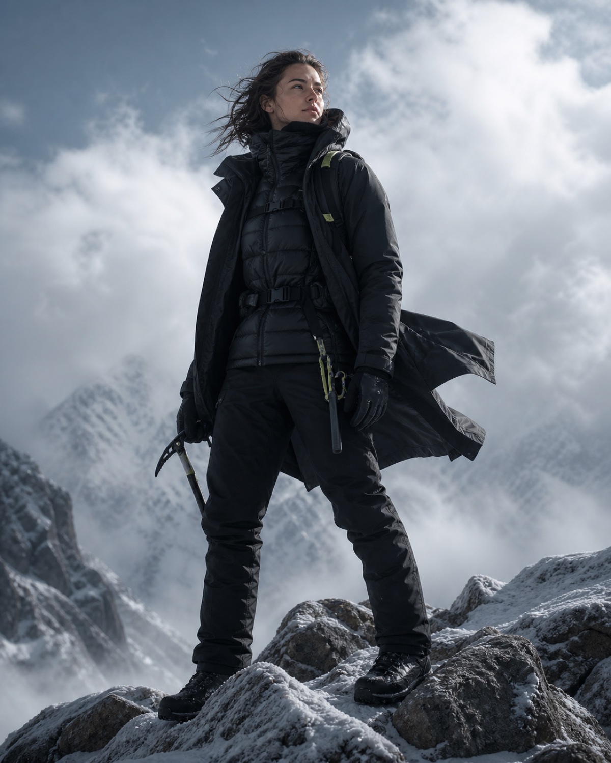 Speculative The North Face-inspired AI outdoor fashion campaign concept with an adult alpine explorer on a snowy ridgeline