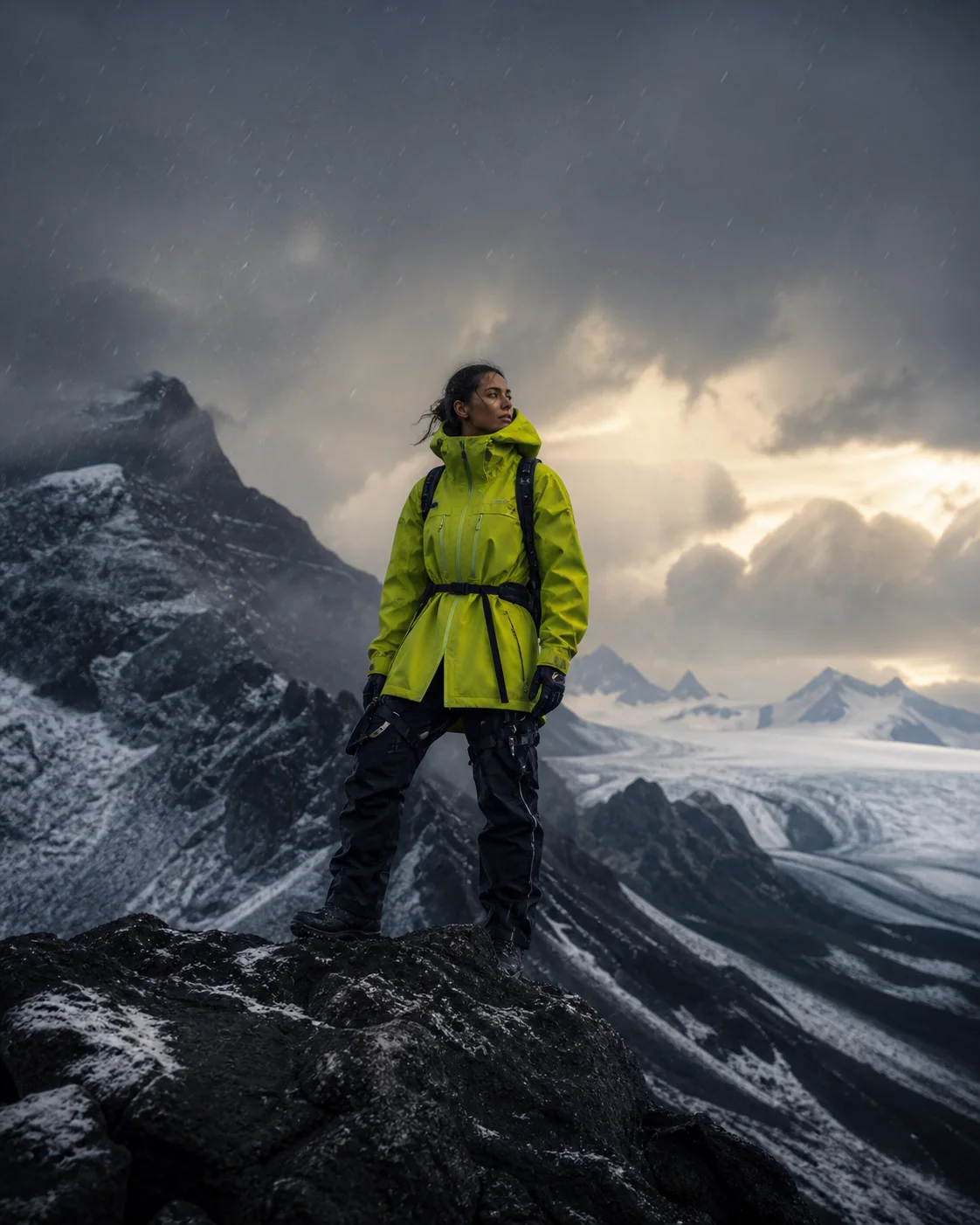 Speculative The North Face-inspired AI campaign with an adult alpine explorer in a lime shell on a snowy ridge