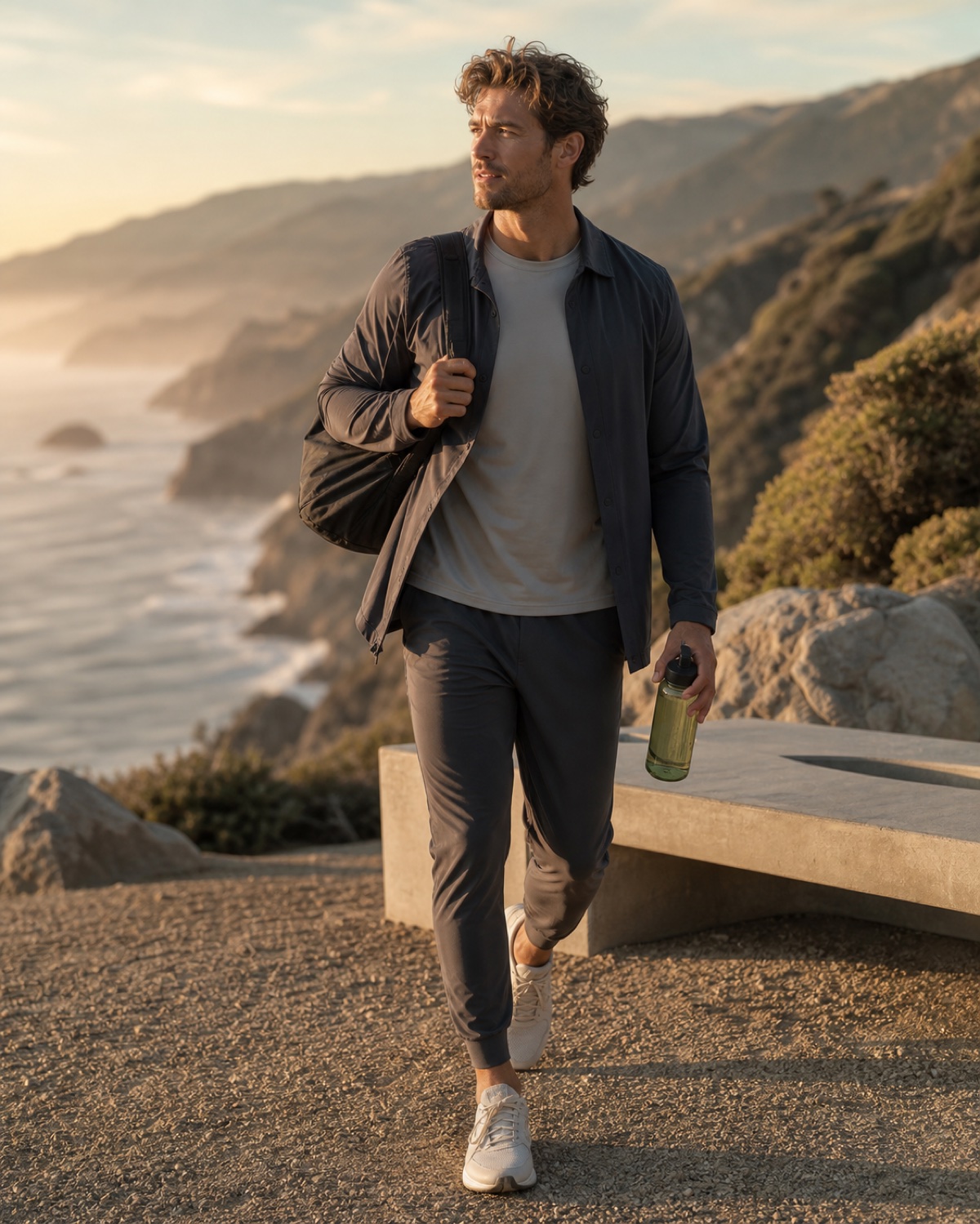 Speculative Vuori-inspired AI lifestyle campaign concept with an adult model in neutral performance clothing on the California coast
