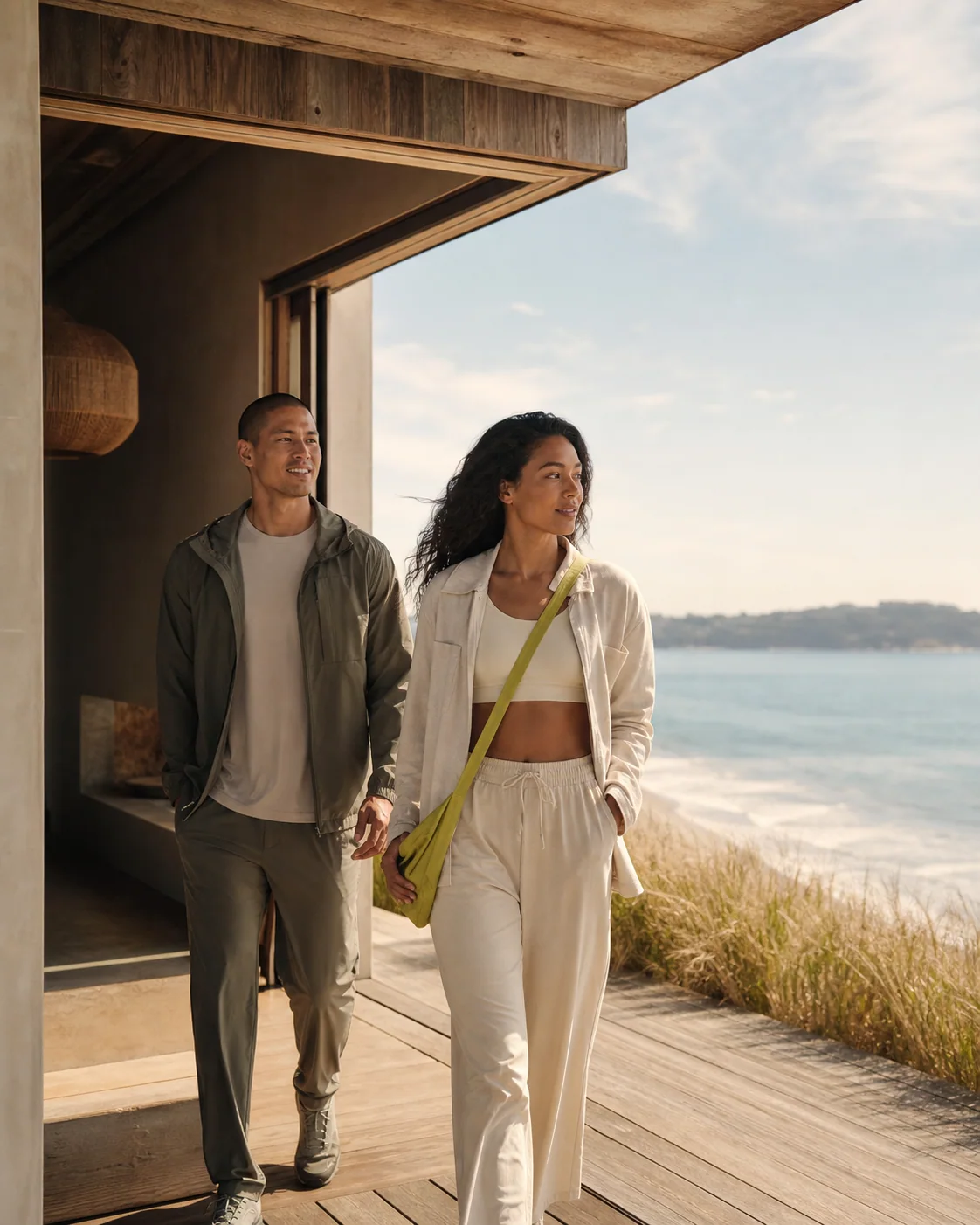 Speculative Vuori-inspired AI lifestyle campaign with two adults in neutral performance wear on the California coast